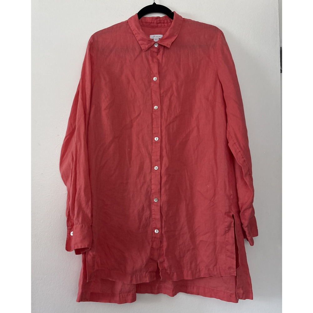 J Jill Love Linen Button Shirt Coral Pink Long Sleeve Size Large Tall Beach